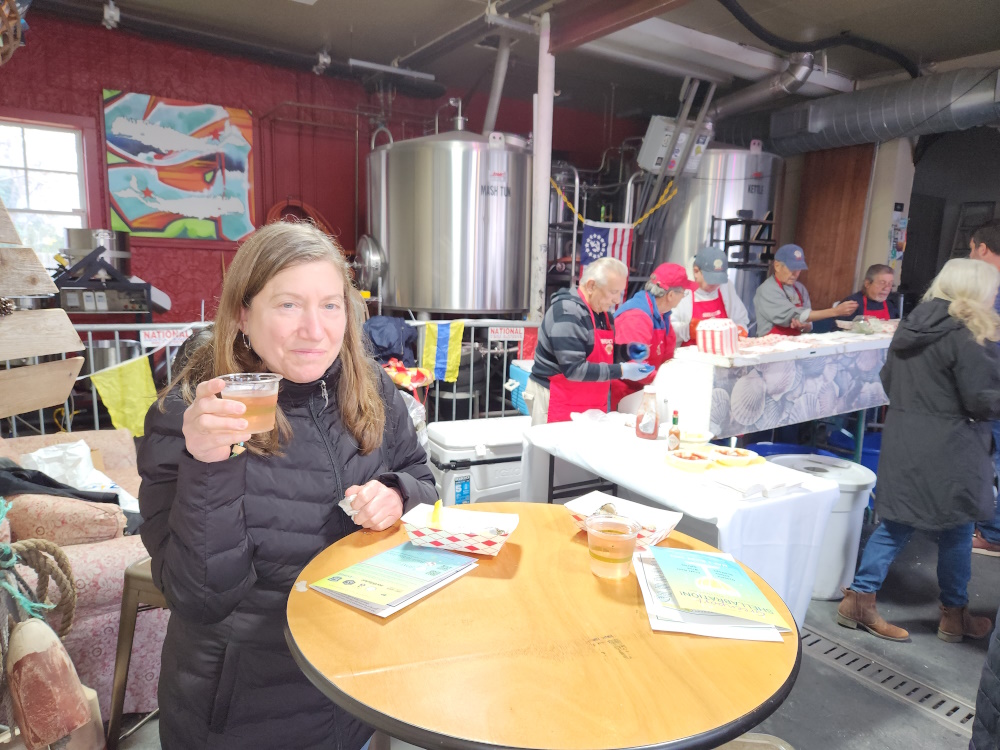 Our first taste of oysters in the tank room of the Greenport Brewery.