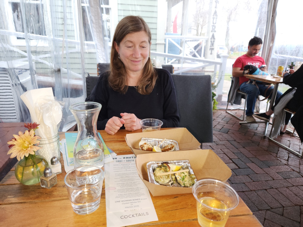 One of our favorite visits is to First and South. Marian is about to enjoy some fried oysters.